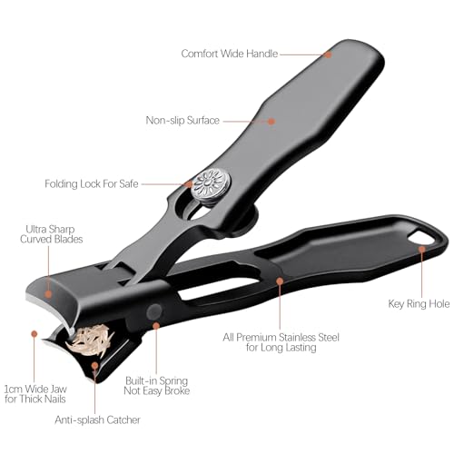 VOGARB Black Nail Clippers for Thick Toenails & Fingernails - Set with Metal File and Storage Case