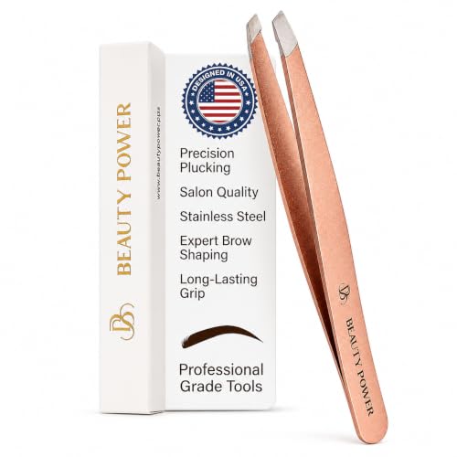 Rose Gold Precision Slant Tip Tweezers - Stainless Steel for Brow Shaping