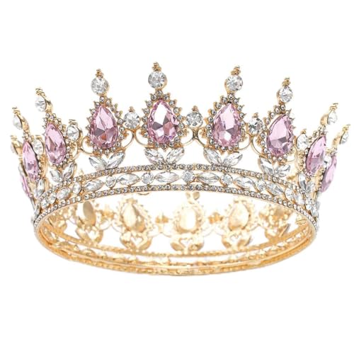 Foyte Pink Baroque Queen Crown Tiara for Wedding Brides Headpiece Rhinestone