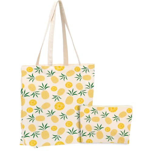 Cute Pineapple Canvas Tote Bag & Makeup Bag Set for Travel