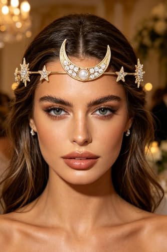 Gold Star Moon Headband with Rhinestones and Crystal Head Chain for Weddings
