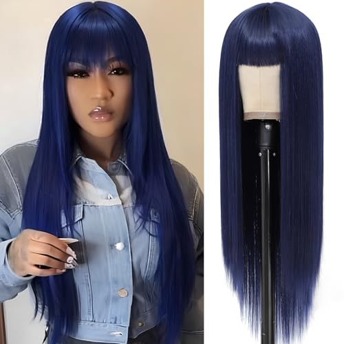 Long Straight Blue Wig with Bangs - Heat Resistant Synthetic Hair