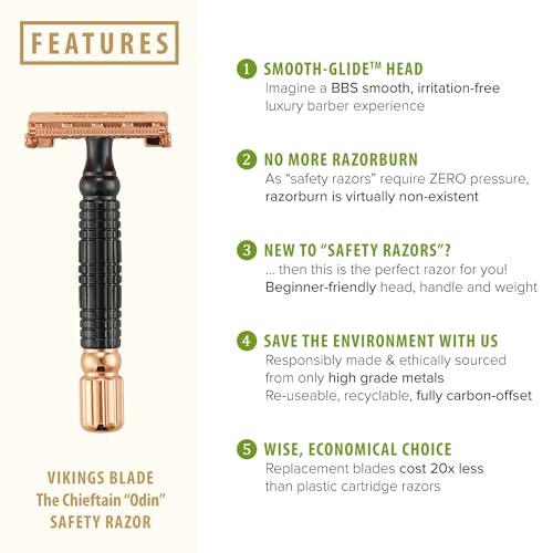 VIKINGS BLADE Double Edge Safety Razor for Men + 5 Swedish Steel Blades + Luxury Case. Smooth, Reusable, Eco-Friendly (Chieftain ¡°Odin¡±)