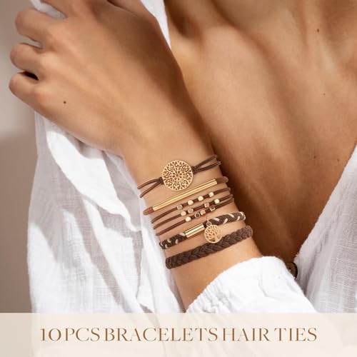 SYGY 10 PCS Boho Hair Ties & Bracelets - Dark Coffee Colors