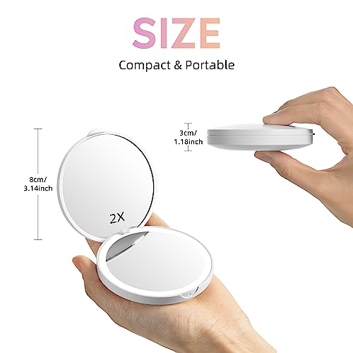CORROY White 1x/2x LED Travel Makeup Mirror Compact with Light, Dimmable & Rechargeable, Pocket Size for Handbags & Gifts