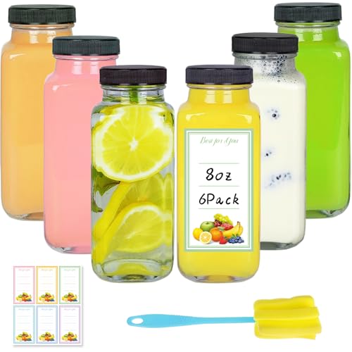 8oz Glass Juice Bottles with Lids - 6 Pack Reusable Drink Containers