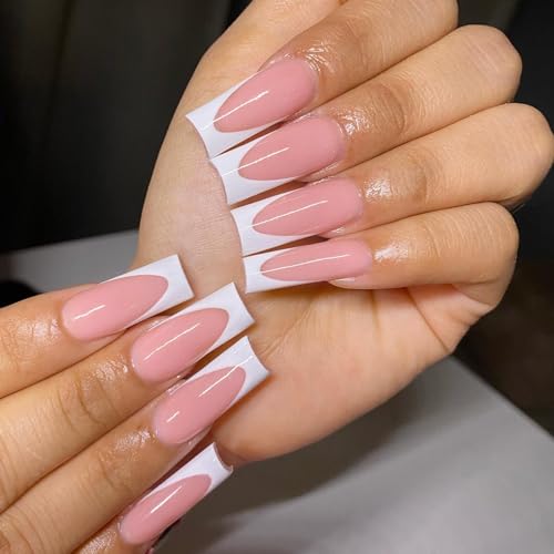 120ct White French Tip Press-On Nails Kit - Long Square Nude w/ White Tips & Adhesive Tabs