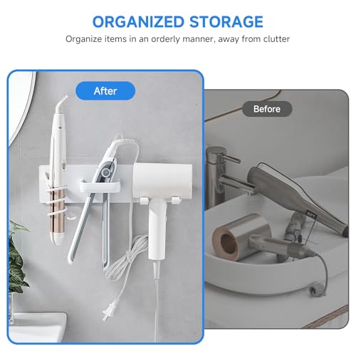 Matte White 3-in-1 Hair Dryer Holder - Wall Mounted Organizer for Bathroom