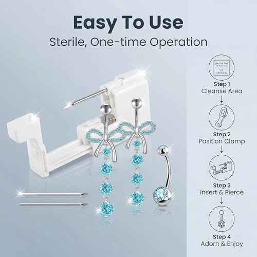 DJCIW 12PCS Belly Button Piercing Kit with Silvery Blue CZ Butterfly - 10mm 12mm 14mm