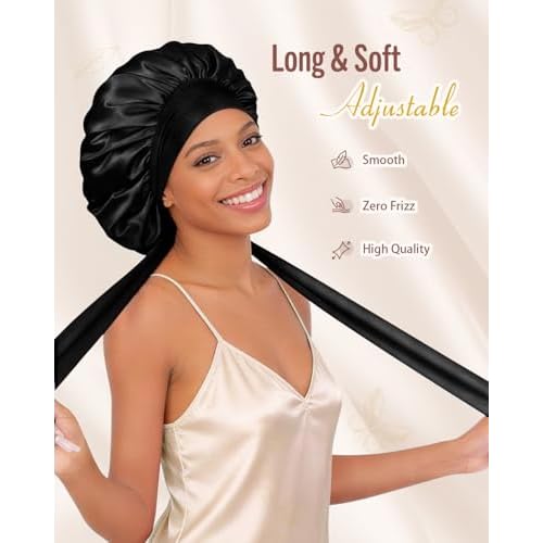 BONNET QUEEN Silk Bonnet for Sleeping Women, Satin Hair Bonnet with Adjustable Tie Band, Double Layer Sleep Cap That Stays On Overnight for Curly Hair, Braids, Wigs and Natural Hair, Large Black