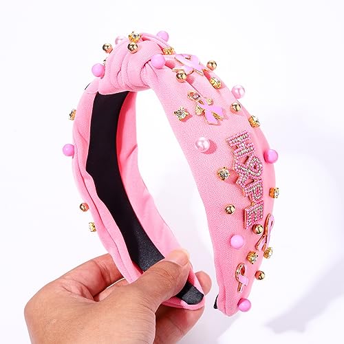 Beaded Hope Pink Ribbon Knotted Headband for Breast Cancer Awareness