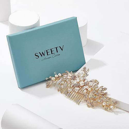 SWEETV Handmade Gold Rhinestone Wedding Hair Comb for Brides