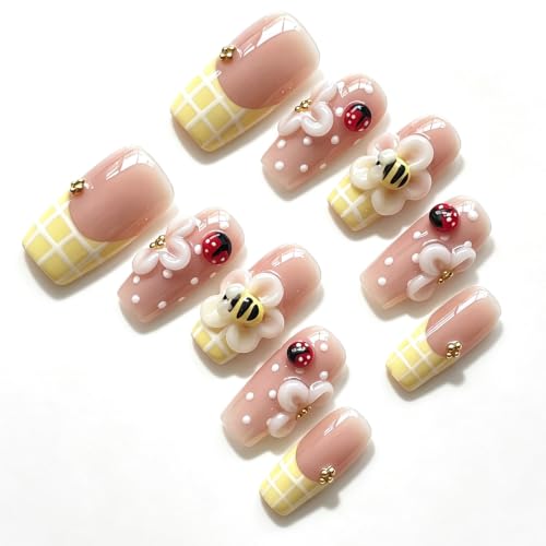 Medium Square Press-On Nails SQ603 - 3D Handmade Bee & Ladybug Design | 10 Pcs Reusable Acrylic