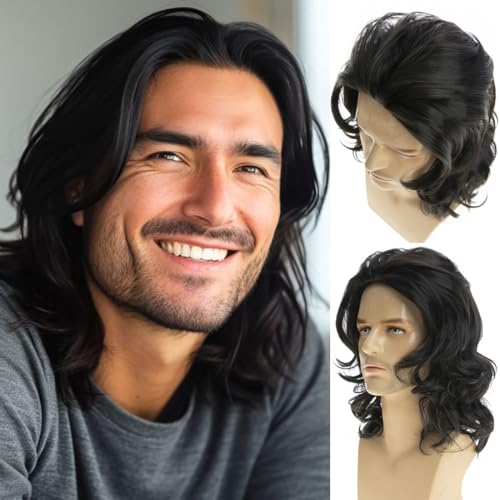 Long Wavy Black Men's Wig - Natural Layered Synthetic Hair for Cosplay