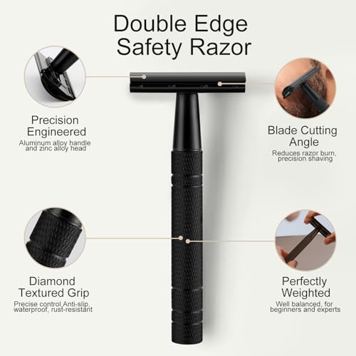 Matte Black Safety Razor with Stand for Men - Reusable Single Blade