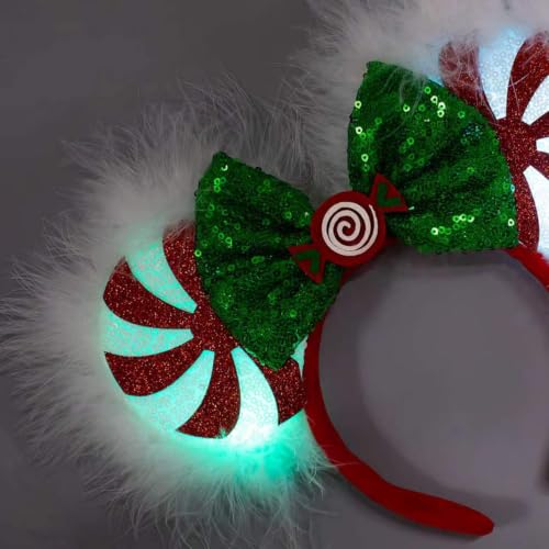 Red LED Christmas Mouse Ear Headband with Sequin Bow - Party Accessory