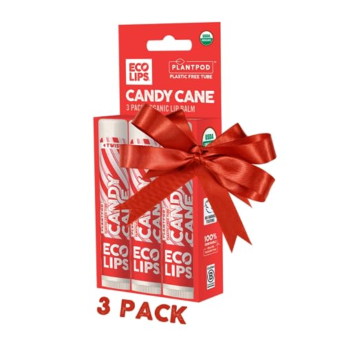 Eco Lips Organic Candy Cane Lip Balm - 3 Pack | Festive Vanilla Mint Flavor | 100% Plastic Free