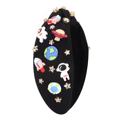 Mokkia Space Astronaut Headband for Women - Pattern A with Jeweled Saturn and Rocket Design