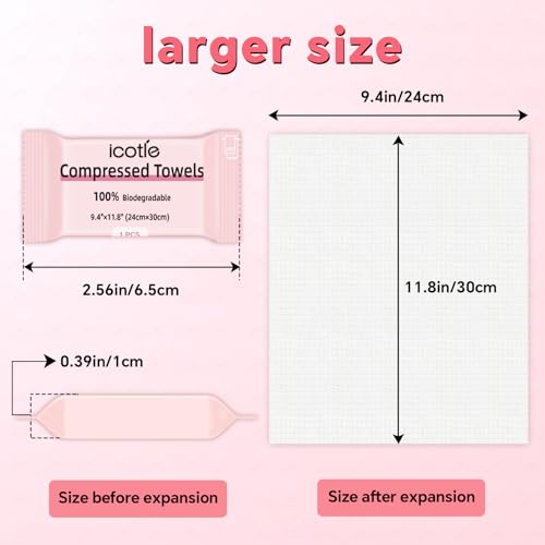 ICOTLE Compressed Towels - 50 Disposable Cotton Face Cloths for Travel & Outdoor Use