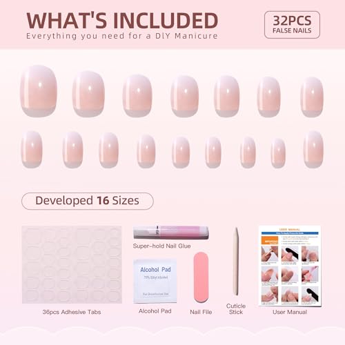 Short Square Soft Gel Press On Nails - Ombre Reusable Nail Kit (32 Pcs)