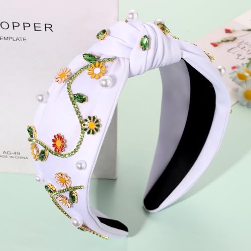 Flower C-White Pearl Knotted Headband for Women - Floral Top Knot with Rhinestones