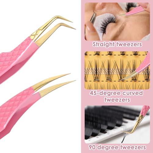 Eyelash Extension Tweezers 2 Pack - 90 Degree Microfiber Precision Lash Tweezers for Volume & Cluster Lashes, Pink