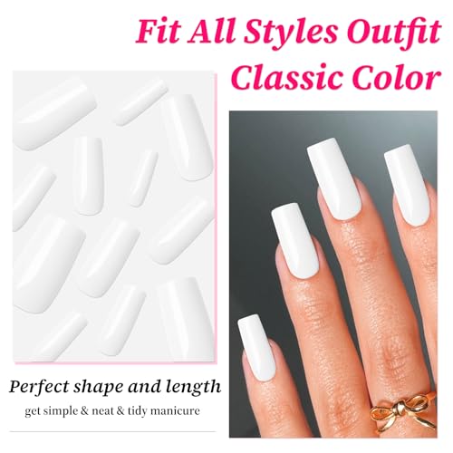 120pc White Square Press On Nails - Medium Long Ballerina Style