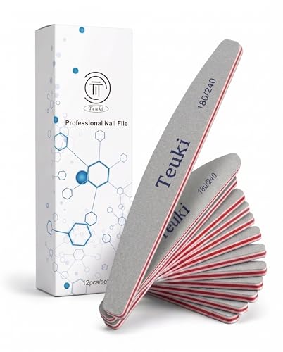 Teuki 12pc Nail Files 180/240 Grit Double-Sided Washable Emery Boards for Poly Nails & Acrylics (7.09 x 1.10 in) – Includes 180/240 Grit Variation