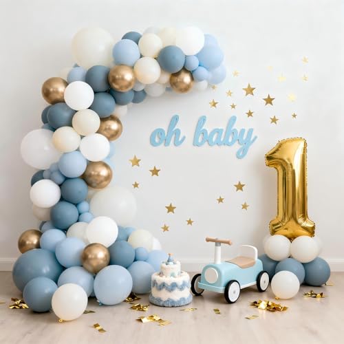 Dusty Blue and Gold Balloon Arch Kit for Parties - 105pcs