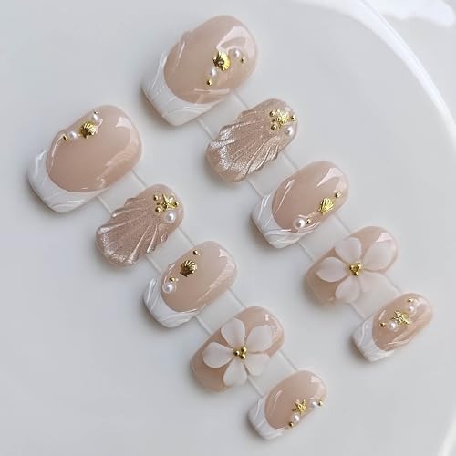 Gleamrain Medium Square Press On Nails 502 - 10Pcs with 3D Flowers
