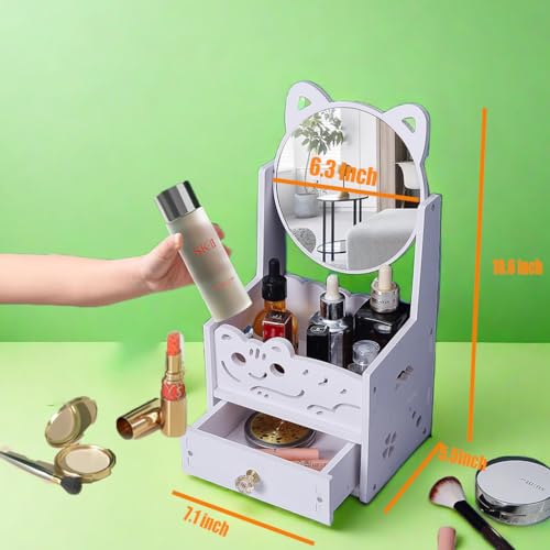 BEAULOOK Rotating Makeup Organizer with Mirror and Drawer, Compact Vanity Case