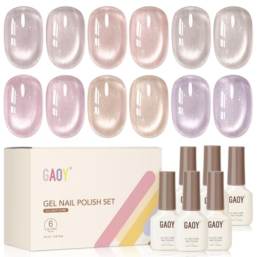 GAOY Cat Eye Gel Nail Polish Set - 6 Colors Holographic Glitter UV Gel