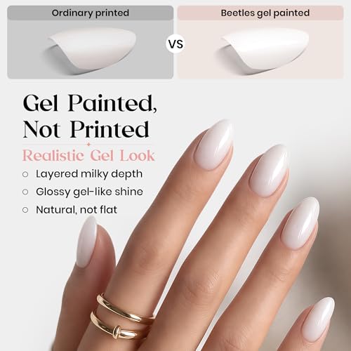 Beetles Milky White Press On Nails Kit - Short Almond Shape, 32Pcs