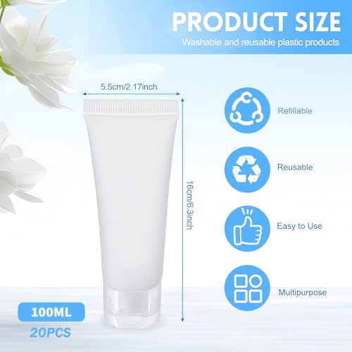 UPSTORE 20 Pack 100ml Refillable Plastic Squeeze Tubes with Flip Cap for Travel & Cosmetics