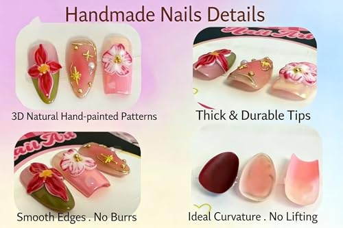 Haozerart Handmade Press On Nails - Medium Almond Pink French Tips