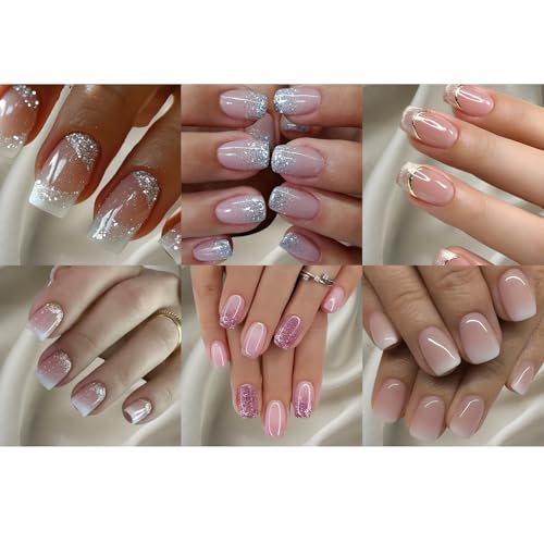 Lukmexor 6-Pack Short Square Press On Nails with Glitter Gradient - Combination-5