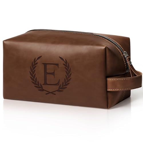 Aganmi Reddish Brown PU Leather Travel Toiletry Bag with Initials - Men's Shaving & Grooming Organizer