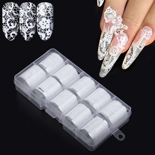 10 Rolls White Lace Nail Art Foil Transfer Sheets for DIY