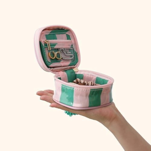Travel Jewelry Case - Compact Pink & Green Organizer with Tassels