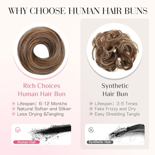 Rich Choices Human Hair Messy Bun Hair Piece for Women - Straight Medium Brown Highlight Dark Blonde, Easy Updo Extension
