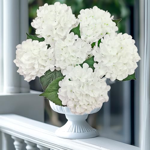 6PCS White Artificial Hydrangea Flowers - Realistic Silk Faux Bouquets