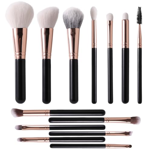 13-Piece Black Makeup Brush Set with Goat Hair & Synthetic Bristles for Face & Eyes