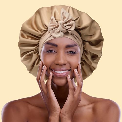 AWAYTR 2-Layer Satin Hair Bonnet with 3 Scrunchies - Coffee