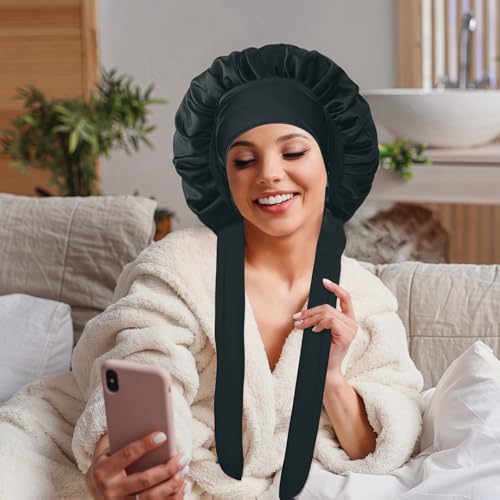 VECIIR Silk Bonnet for Sleeping Women, Ajustable Hair Bonnet for Curly Hairs Satin Bonnet Reduce Friction Prevent Frizz Black£¬Large