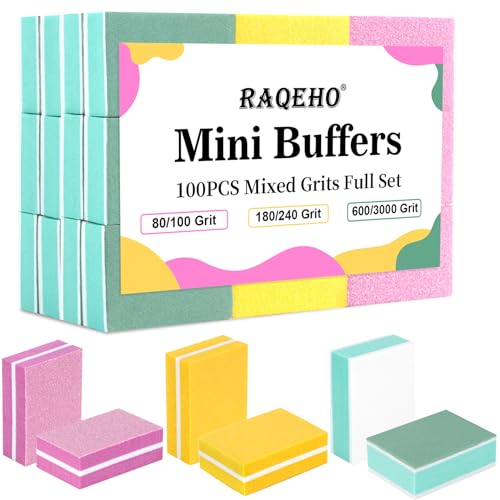 RAQEHO 100 Mini Nail Buffer Block Full Set 80/100 & 180/240 & 600/3000 Grits - Travel Buffing Kit