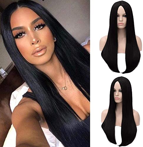 26 Inch Black Long Straight Wig for Women – Middle Part, Heat-Resistant Synthetic Hair, Adjustable Fit, Halloween & Cosplay Costume