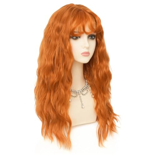 24-Inch Orange Curly Wig with Bangs - Fluffy Synthetic Hair