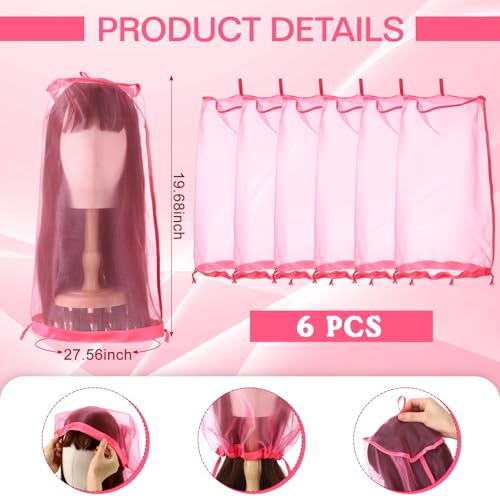 Loopeer 6 Pcs Adjustable Wig Storage Bags - Rose Red