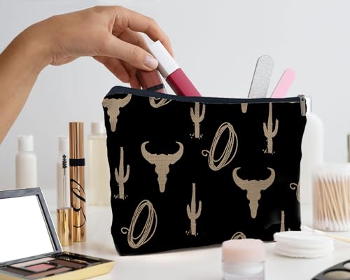 Cow Print Linen Makeup Bag - 10-Inch Travel Toiletry Pouch for Women