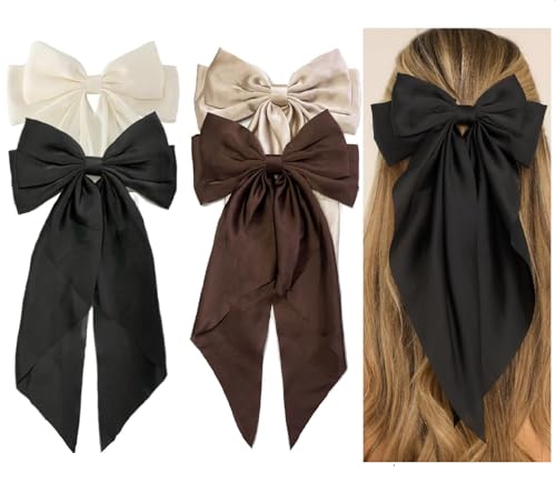 Vintage Hair Bows for Women - 8 PCS Satin Bow Clips with Long Tails
